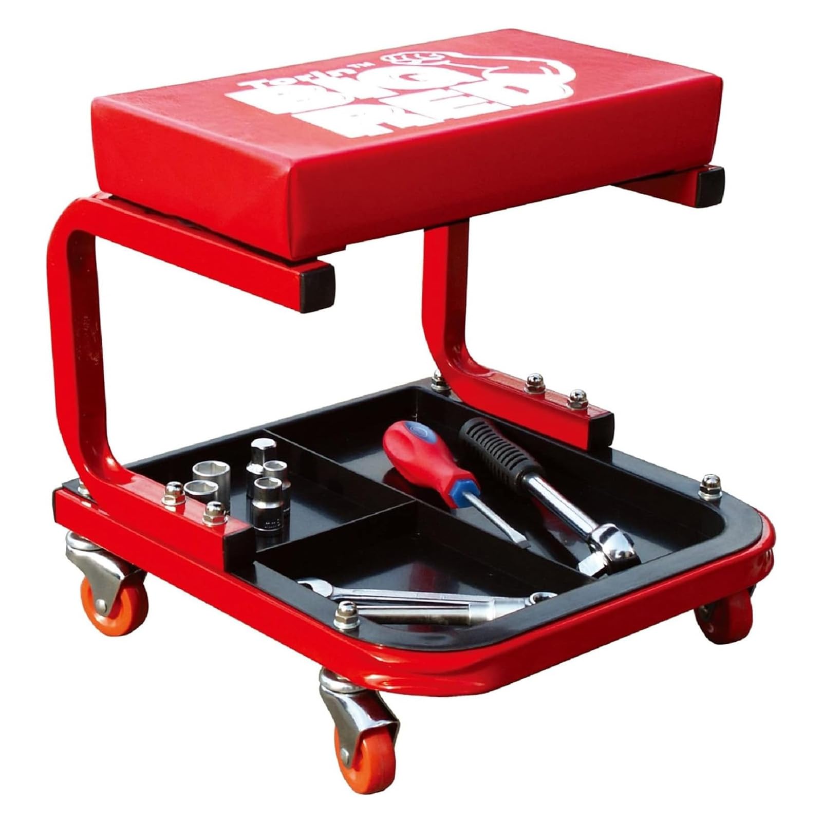 BIG RED front view showing padded seat and tray for comfortable work