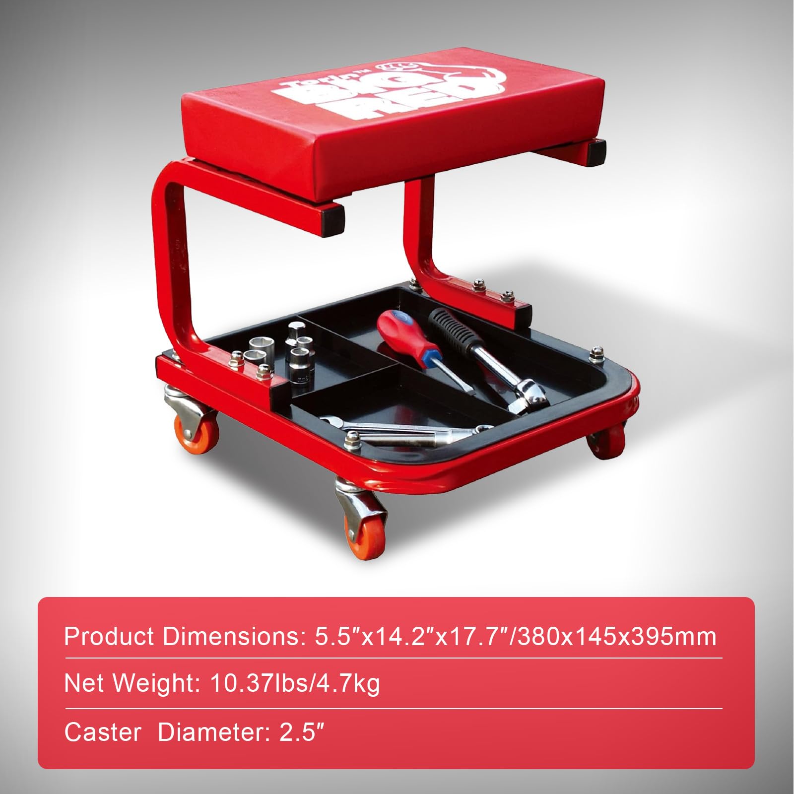 BIG RED mechanic using seat demonstrating easy movement and reach