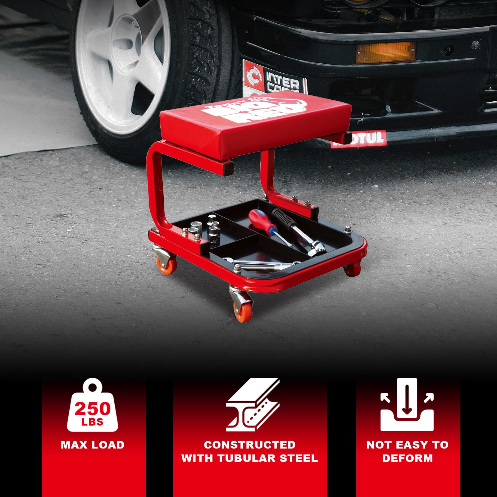 BIG RED side profile placed beside a car for low-height access