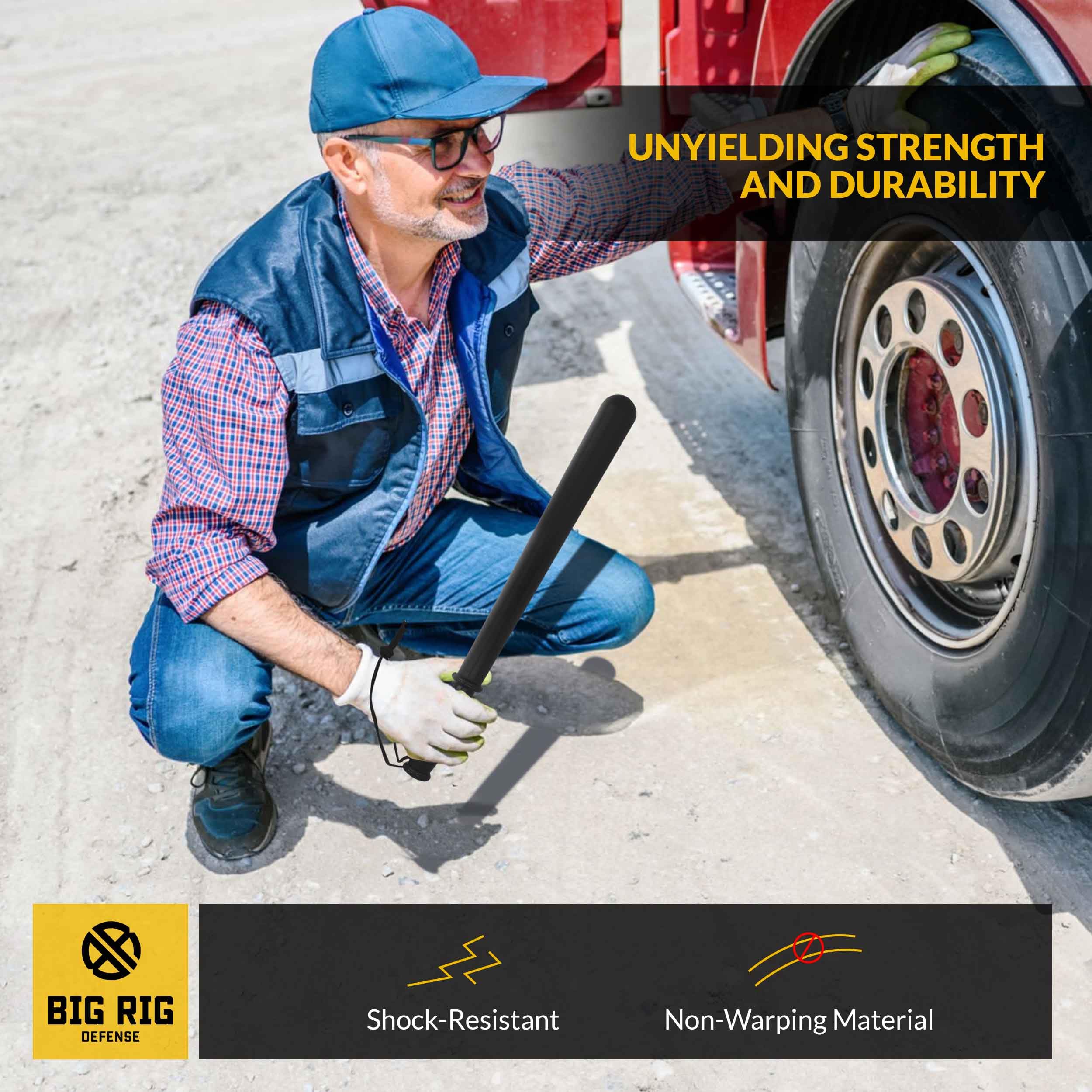 BIG RIG DEFENSE B R in use on truck tire for quick roadside pressure check benefit