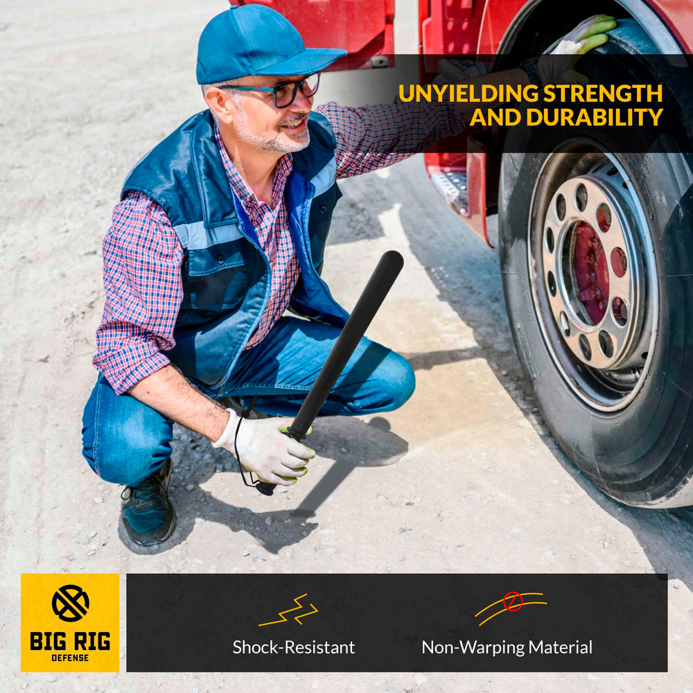 BIG RIG DEFENSE B R in use on truck tire for quick roadside pressure check benefit