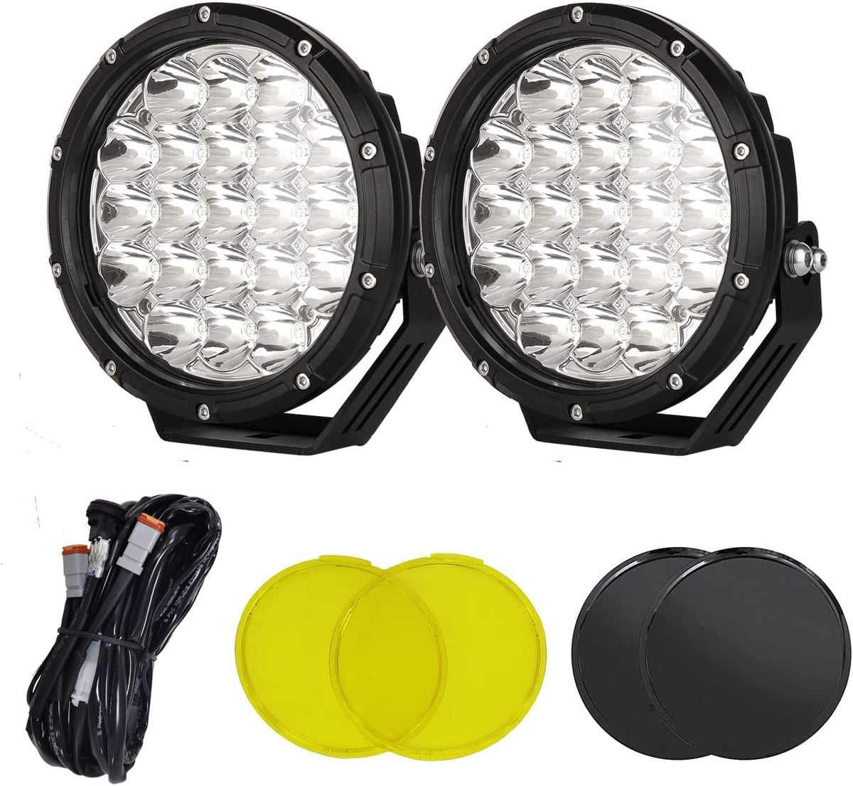 BIGLION.X front view showing round LED lights and bright amber beams for improved road visibility