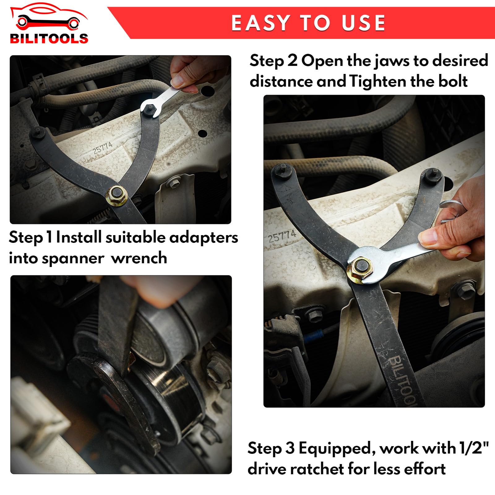 BILITOOLS 12-inch wrench attached to ratchet delivering extra leverage and reach