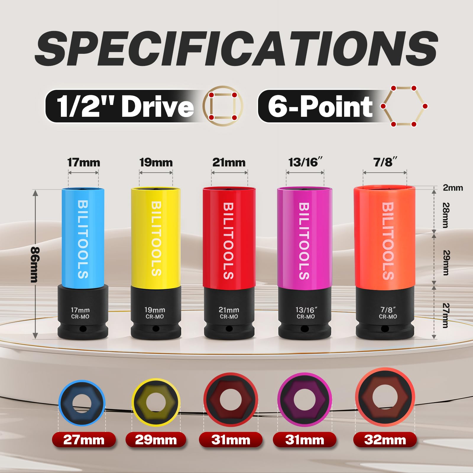 BILITOOLS color-coded sockets arranged by size for fast selection