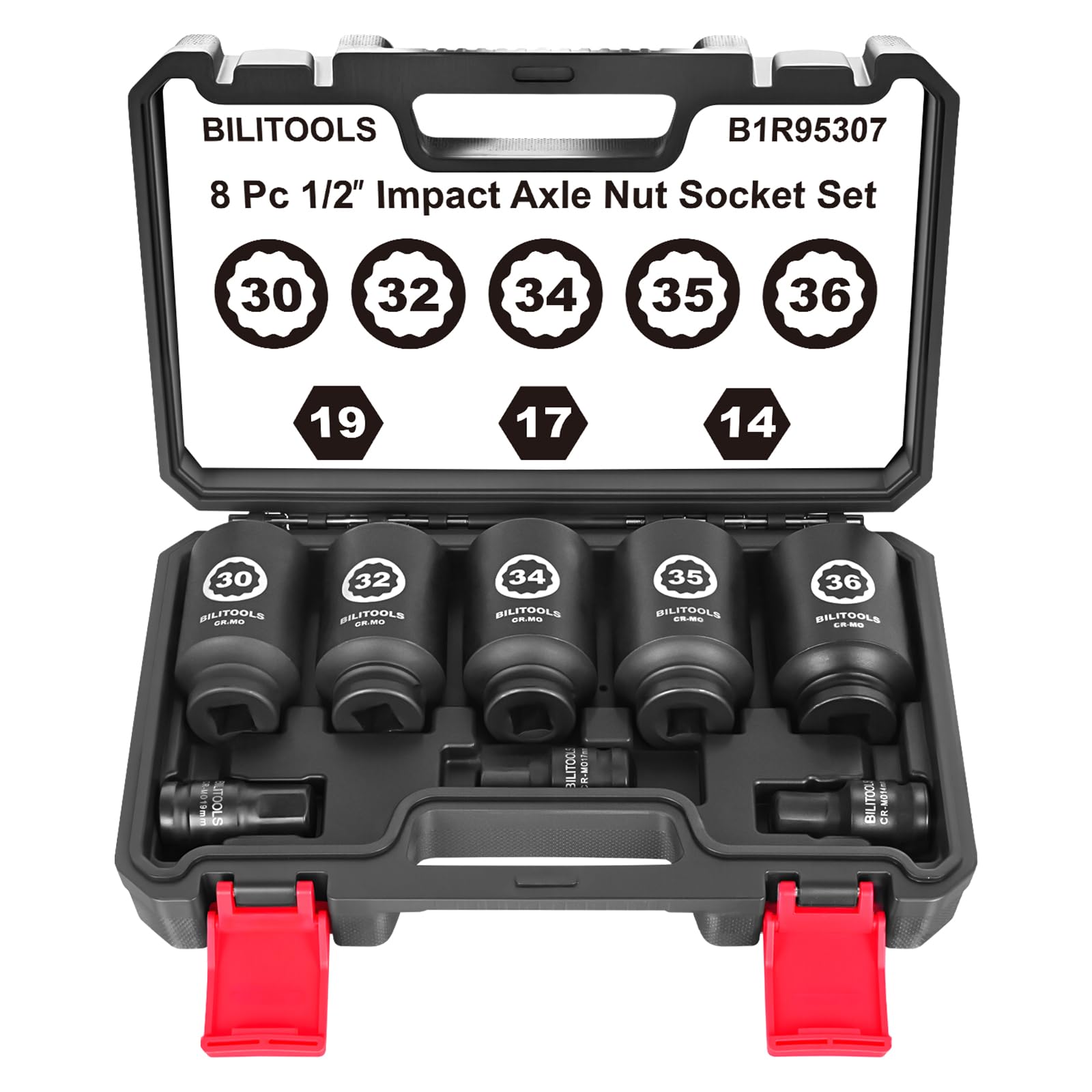 BILITOOLS front packaging showing full 8-piece axle socket set and case, quick identification benefit