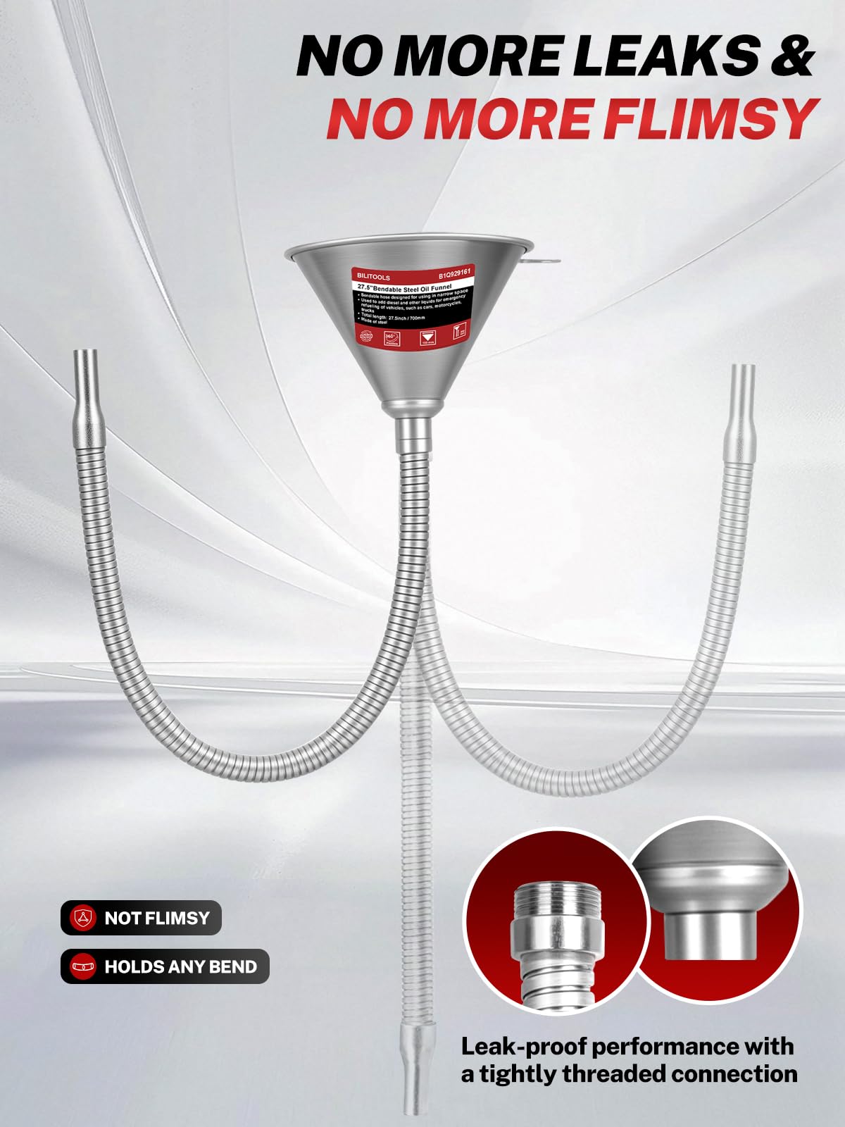BILITOOLS funnel inserted into car engine bay for accurate deep-reach fluid pouring