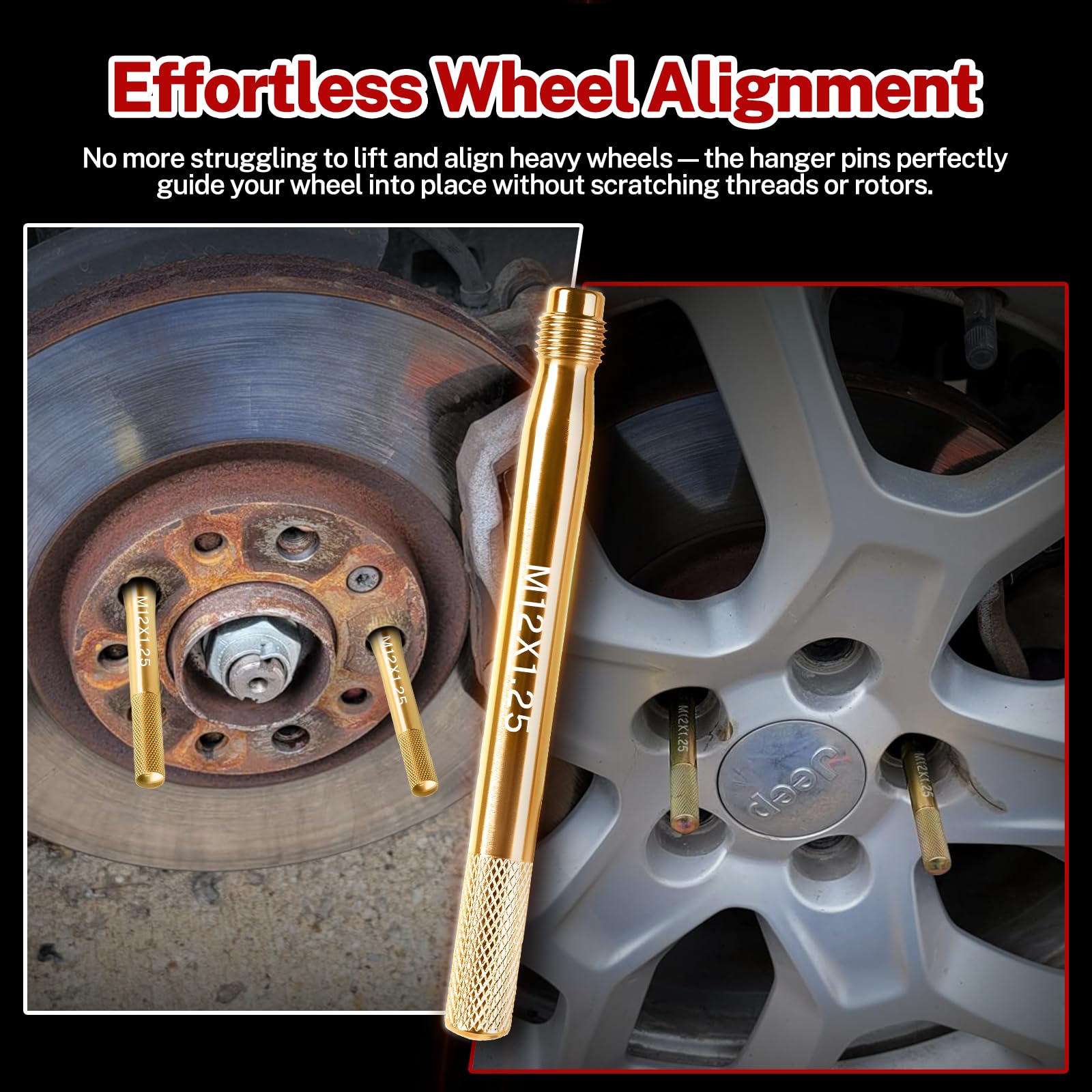 BILITOOLS alignment pin fitted to vehicle hub showing wheel stabilization benefit
