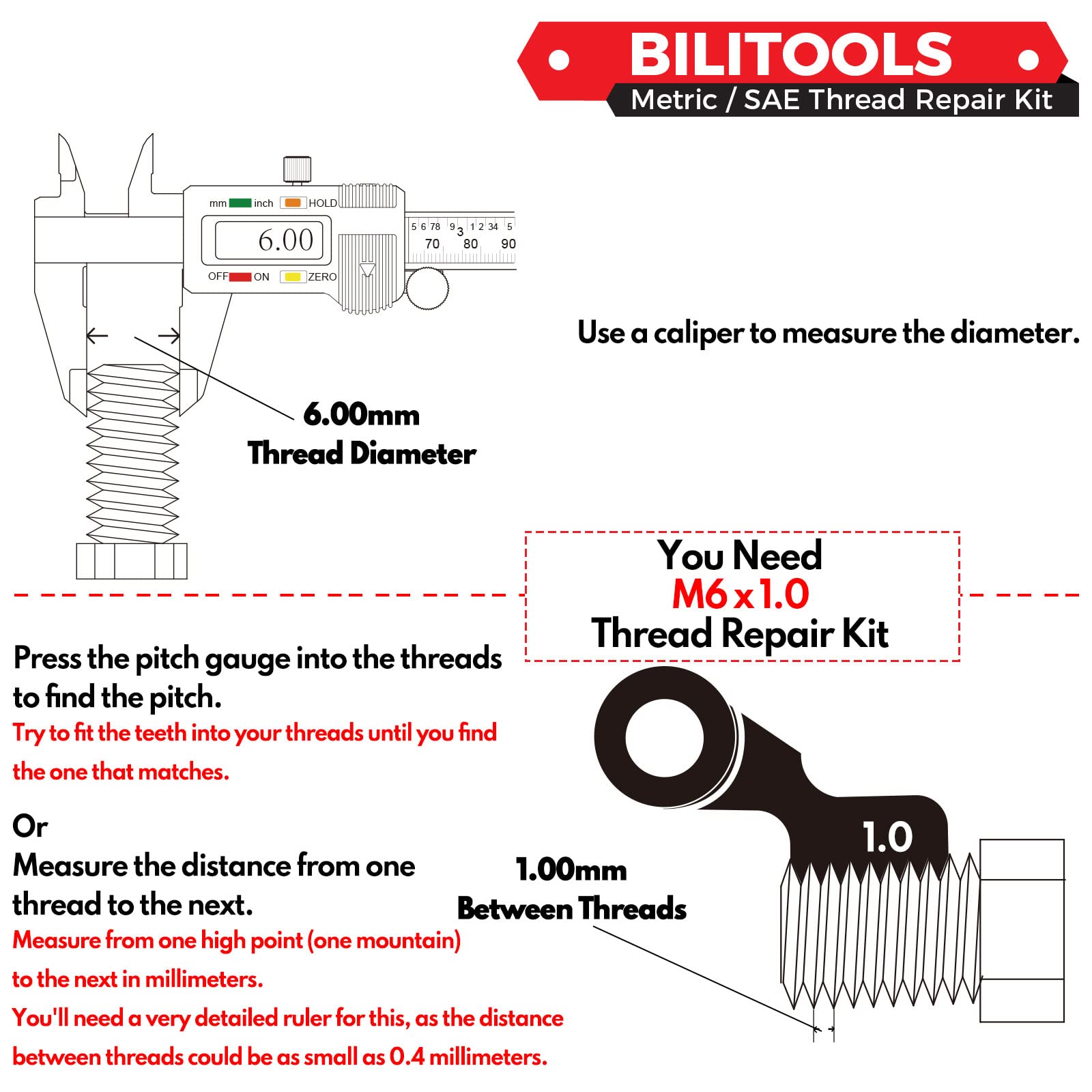 BILITOOLS inserts lined up by size to choose the correct 5/16-18 insert