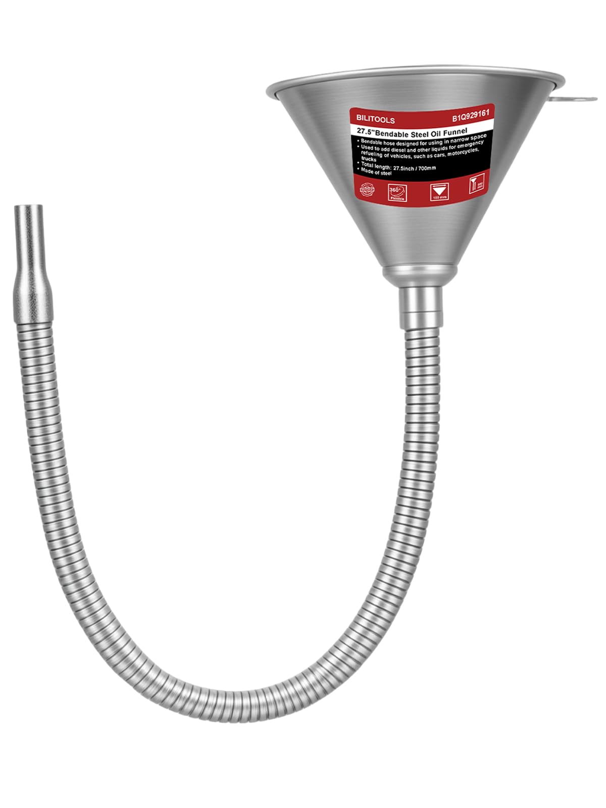 BILITOOLS front view of long oil funnel showing full length and shape for easy handling