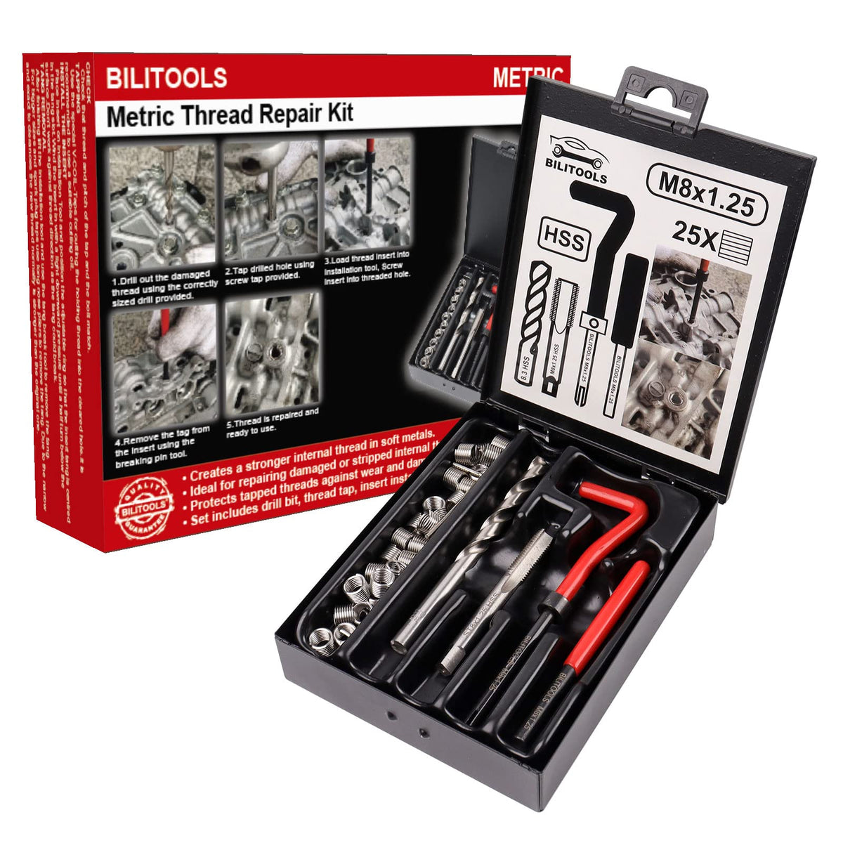 BILITOOLS open case showing organized M8x1.25 kit, ready for repairs