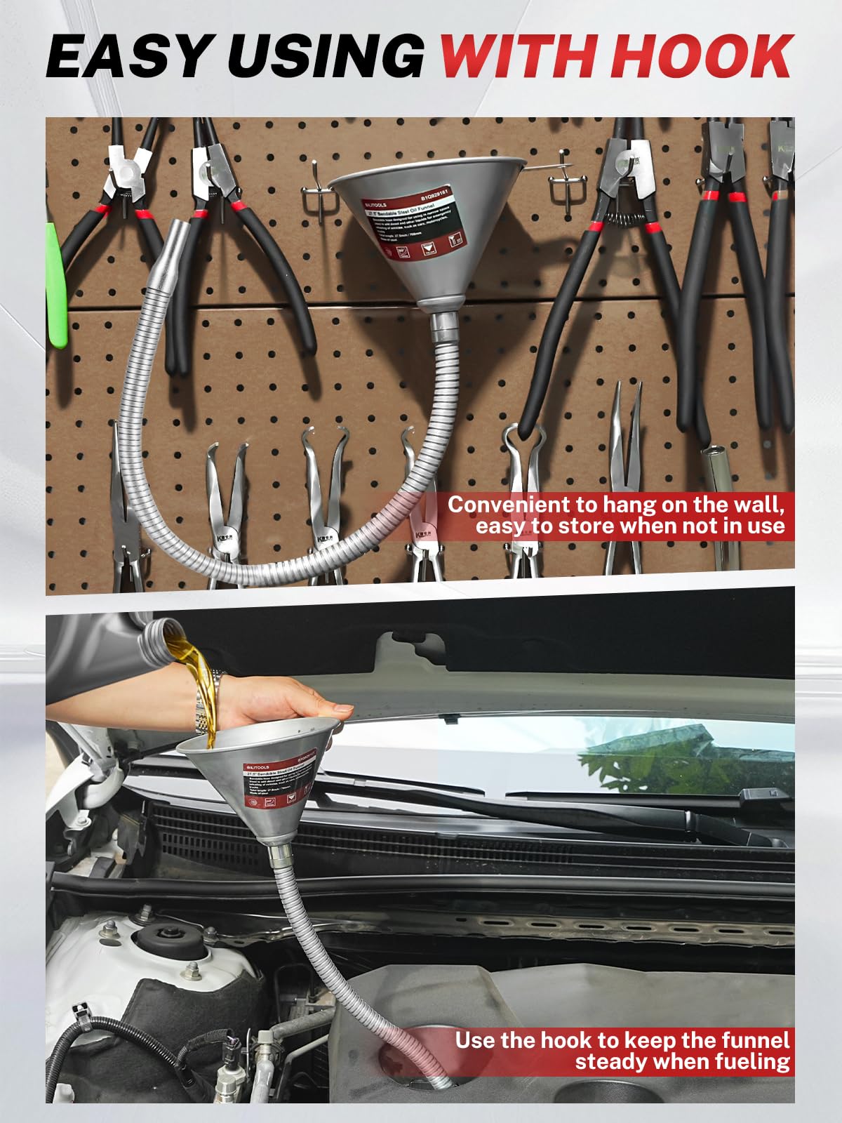 BILITOOLS hanging on garage pegboard showing compact storage and quick access benefit