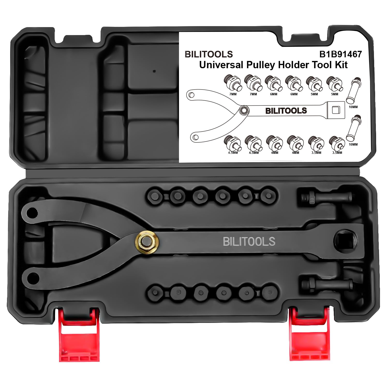 BILITOOLS front view of packed pulley holder kit showing complete contents and portability