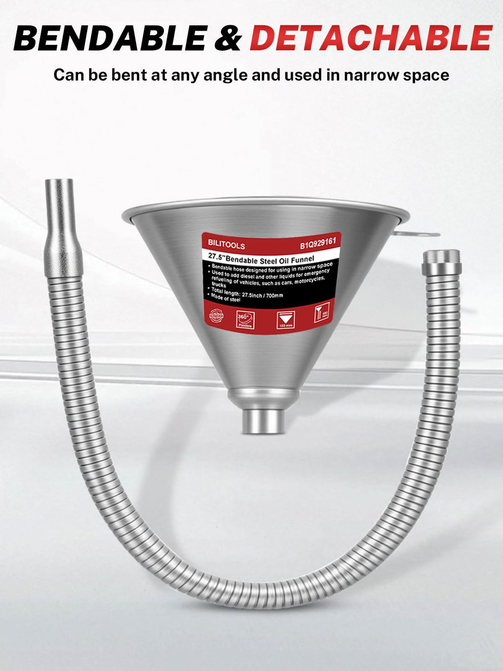 BILITOOLS funnel next to ruler showing 26.2-inch length for scale and reach benefit