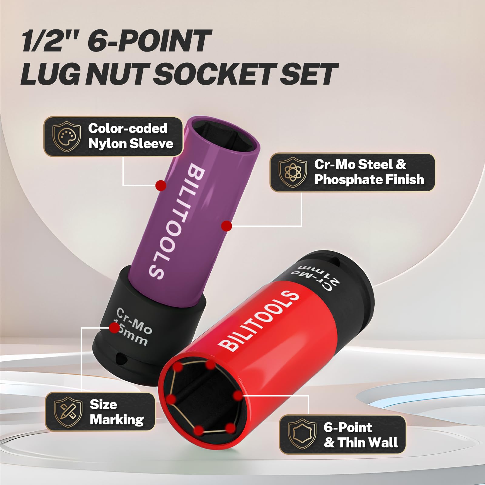BILITOOLS sockets beside ruler illustrating thin-wall compact size
