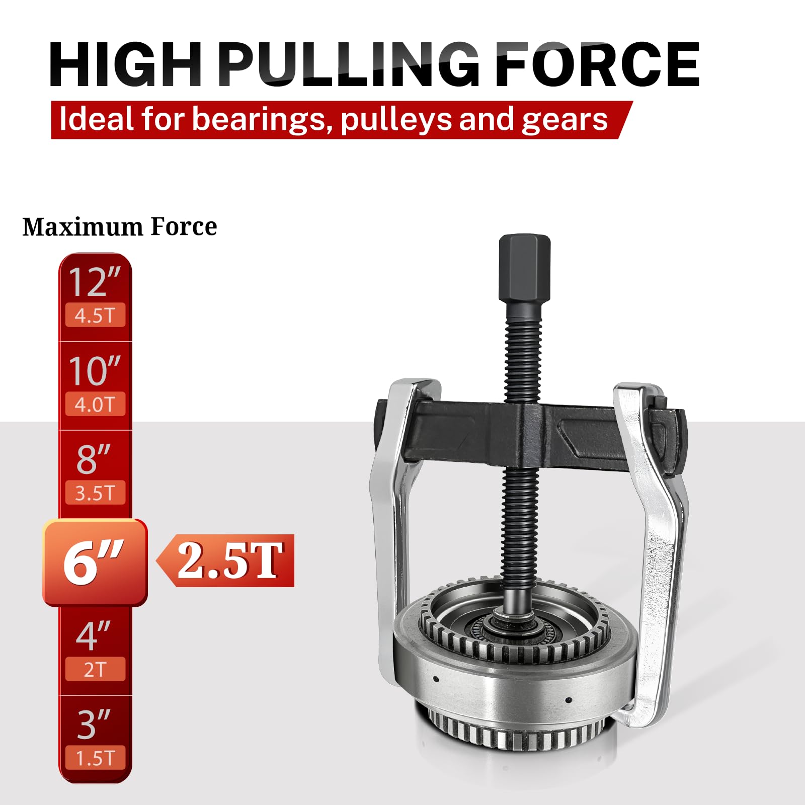 BILITOOLS gear puller beside a ruler showing 6" size for accurate fit and space-saving storage