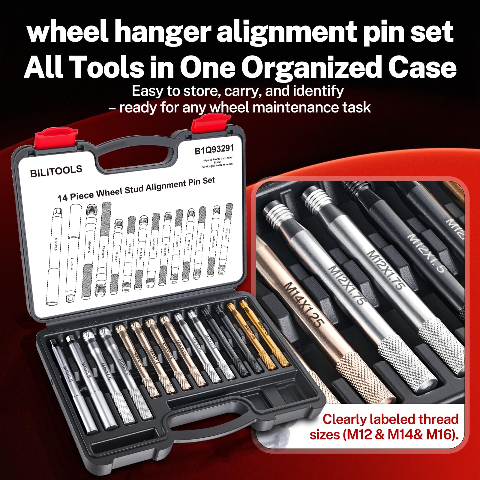 BILITOOLS pins beside ruler showing size range for correct thread selection