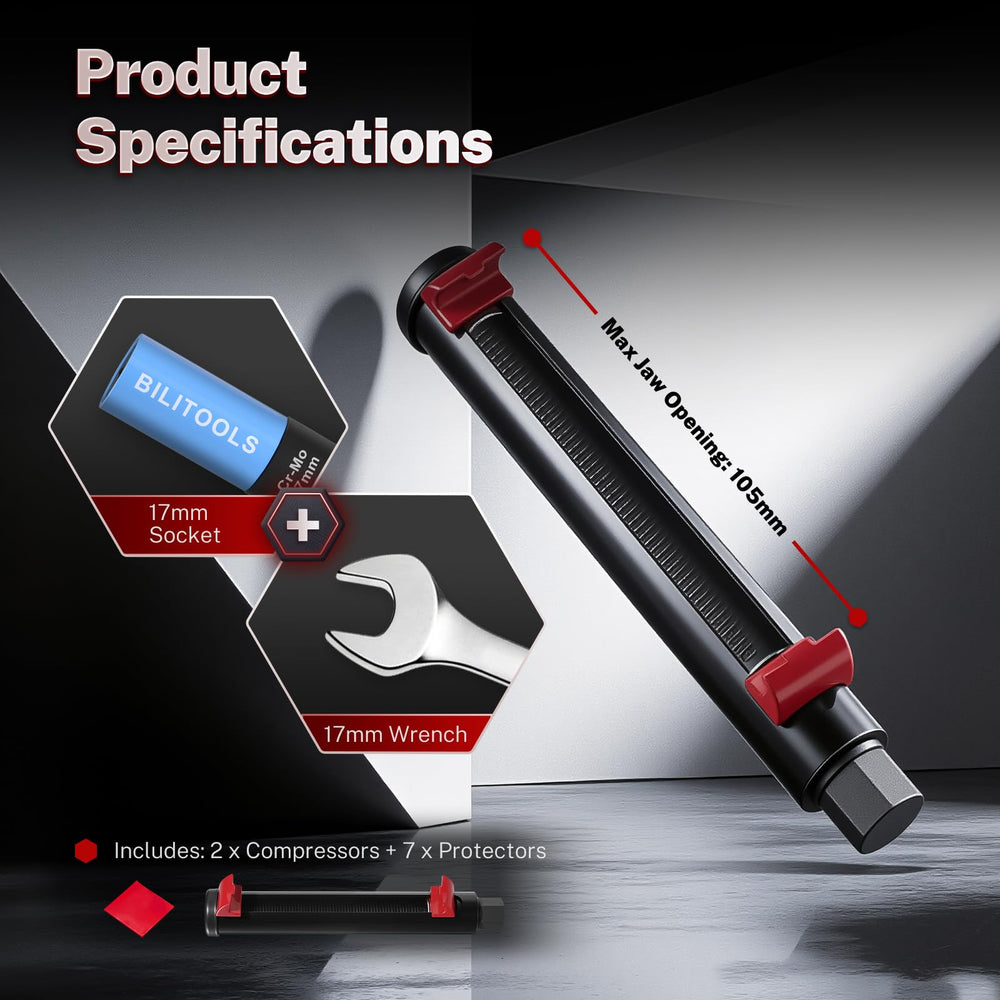 BILITOOLS next to 17mm wrench showing scale and easy wrench compatibility