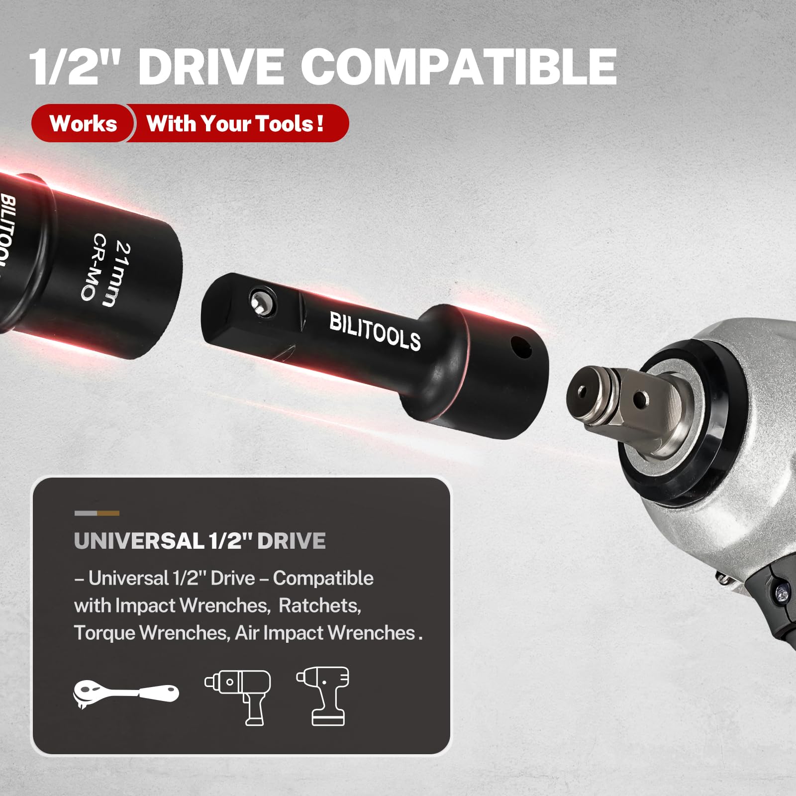 BILITOOLS 1/2 inch drive fit demonstration on wrench, secure connection