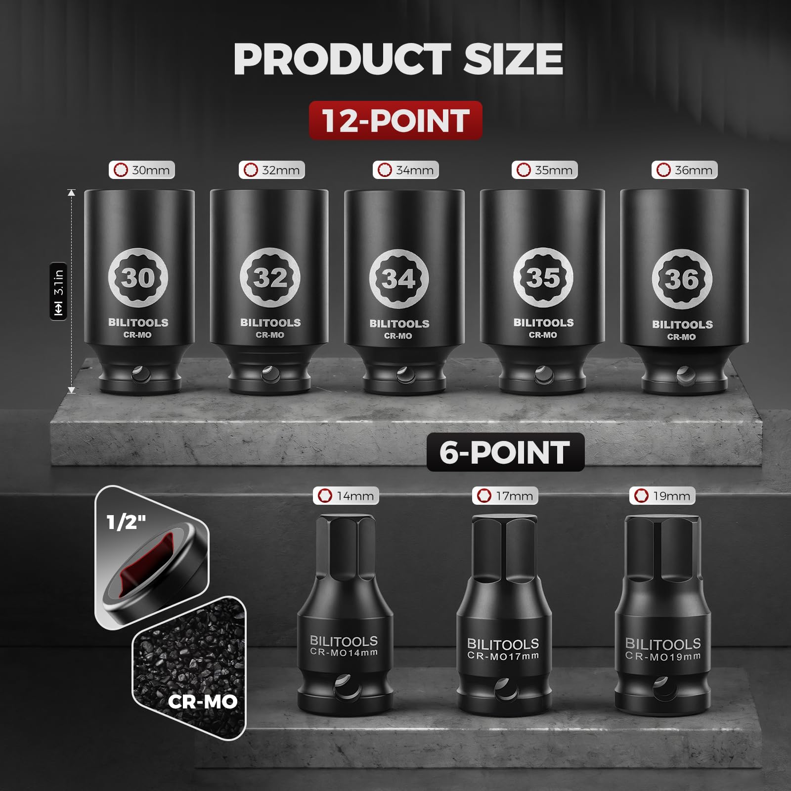BILITOOLS top-down layout of five deep sockets and three hex bits, fast selection benefit
