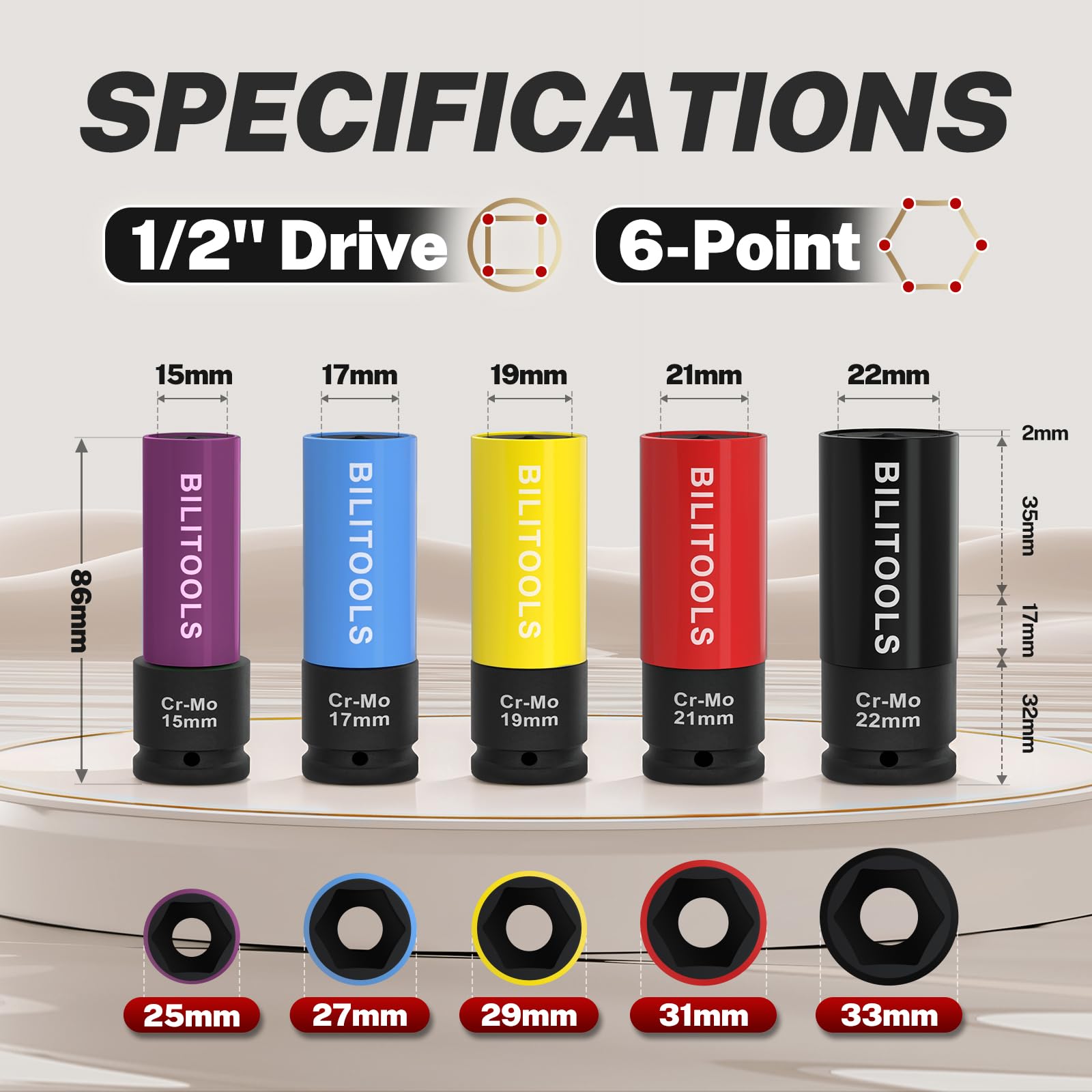 BILITOOLS color-coded sleeves lined up for fast size identification