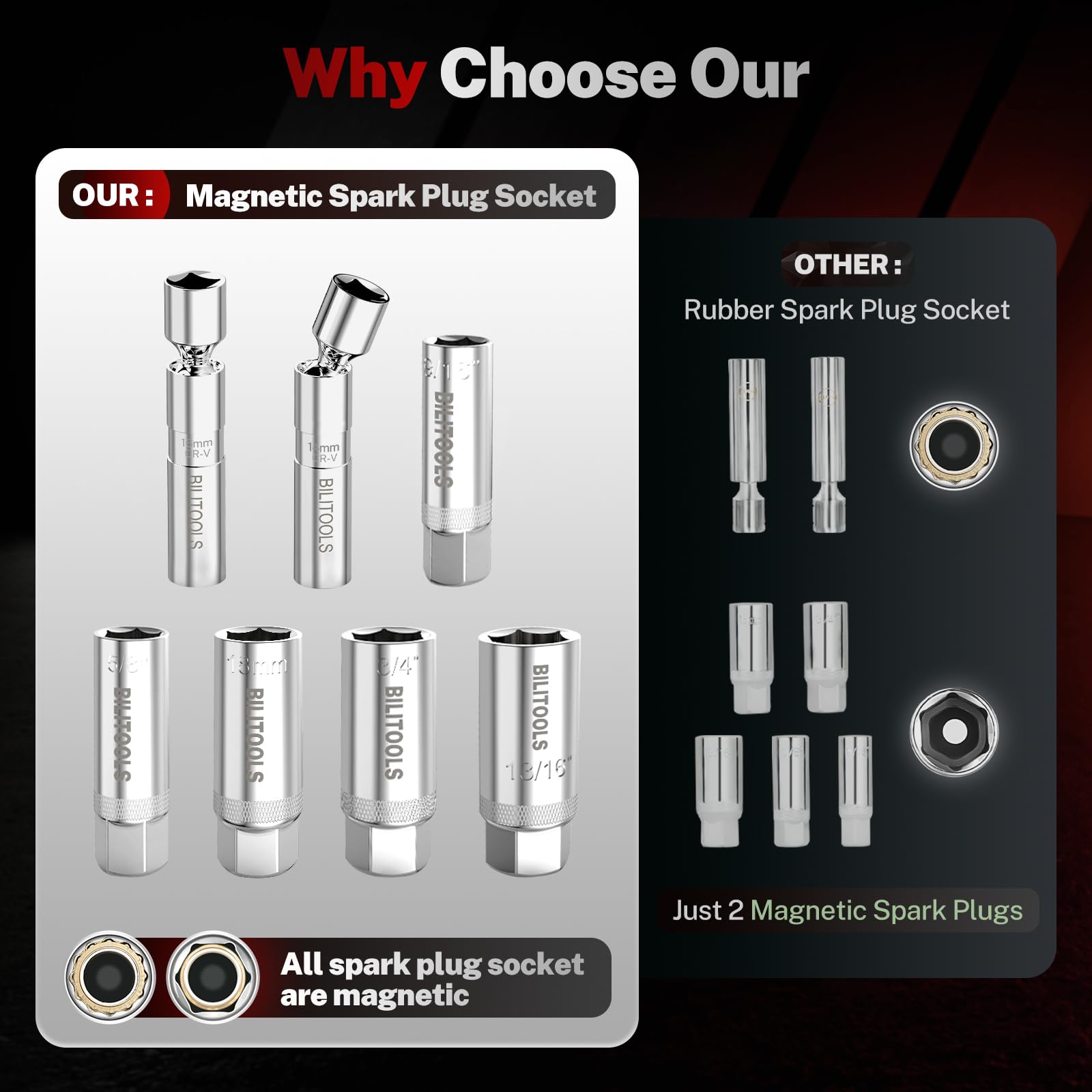 BILITOOLS sockets magnetic retention holding a spark plug for safer installation