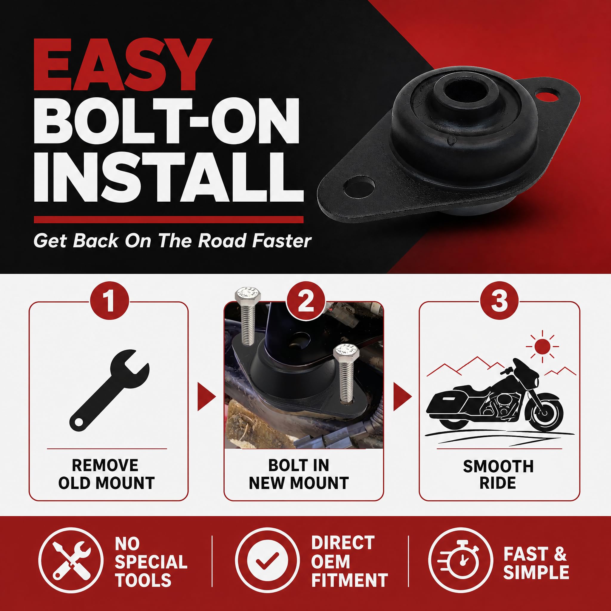 Billet Proof Designs mount installed on Harley engine demonstrating proper fit and restored geometry