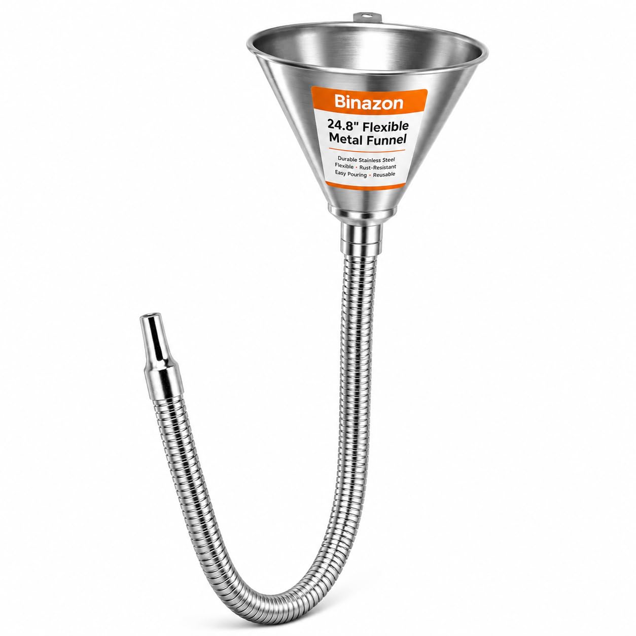 Binazon funnel front view showing galvanized finish and wide mouth for stable pours