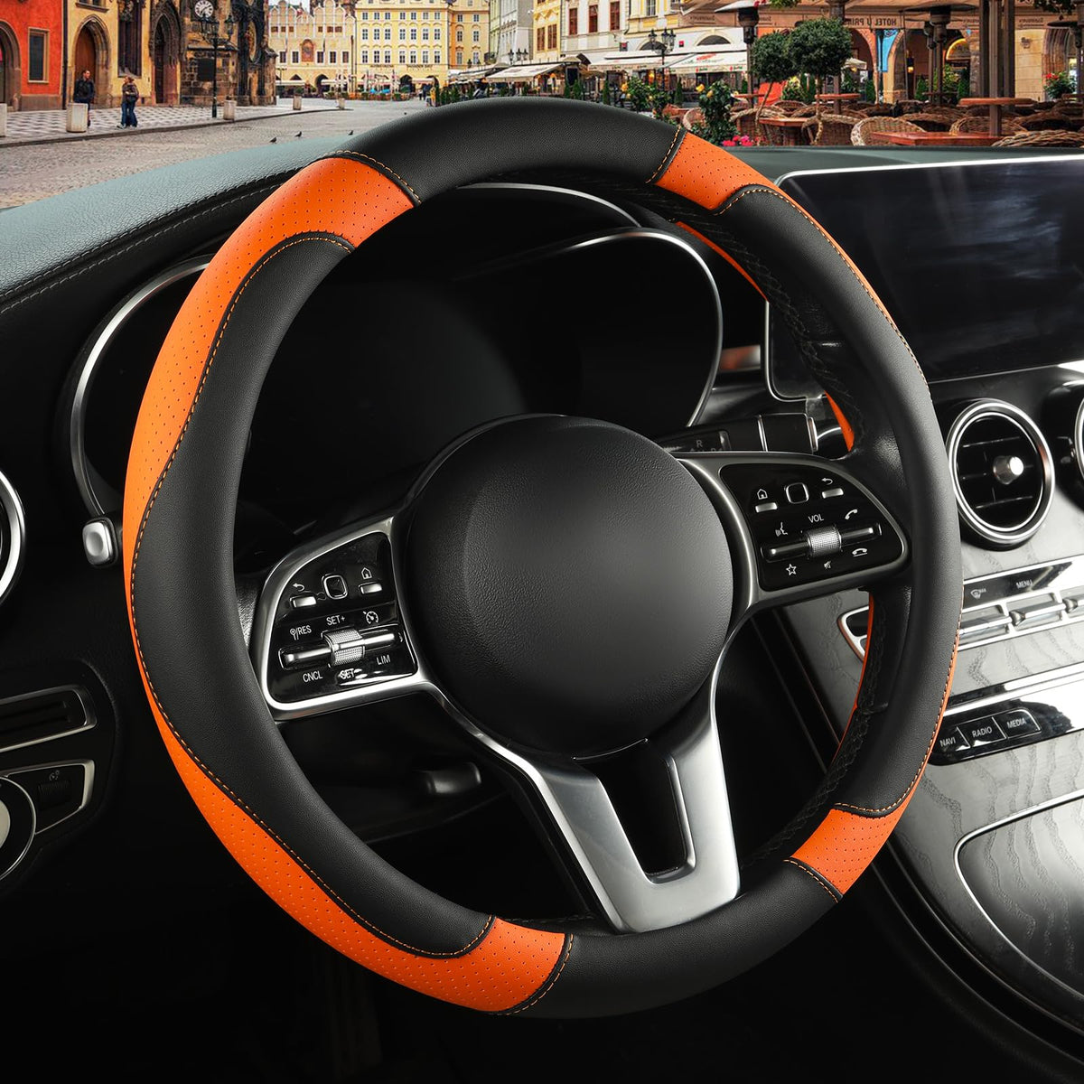 Binsheo front view of steering wheel cover showing black and orange design and secure fit
