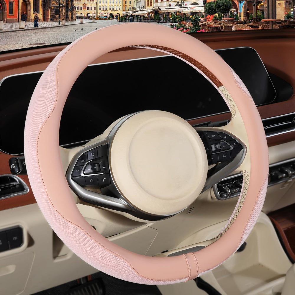 Binsheo front view showing pink steering wheel cover and neat fit benefit