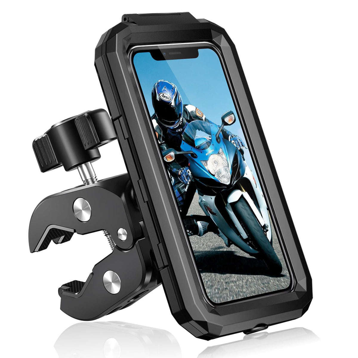 BKNOOU front view on handlebar showing secure weatherproof protection