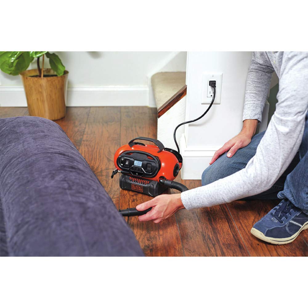 BLACK+DECKER cordless with 20V battery attached for inflation away from outlets