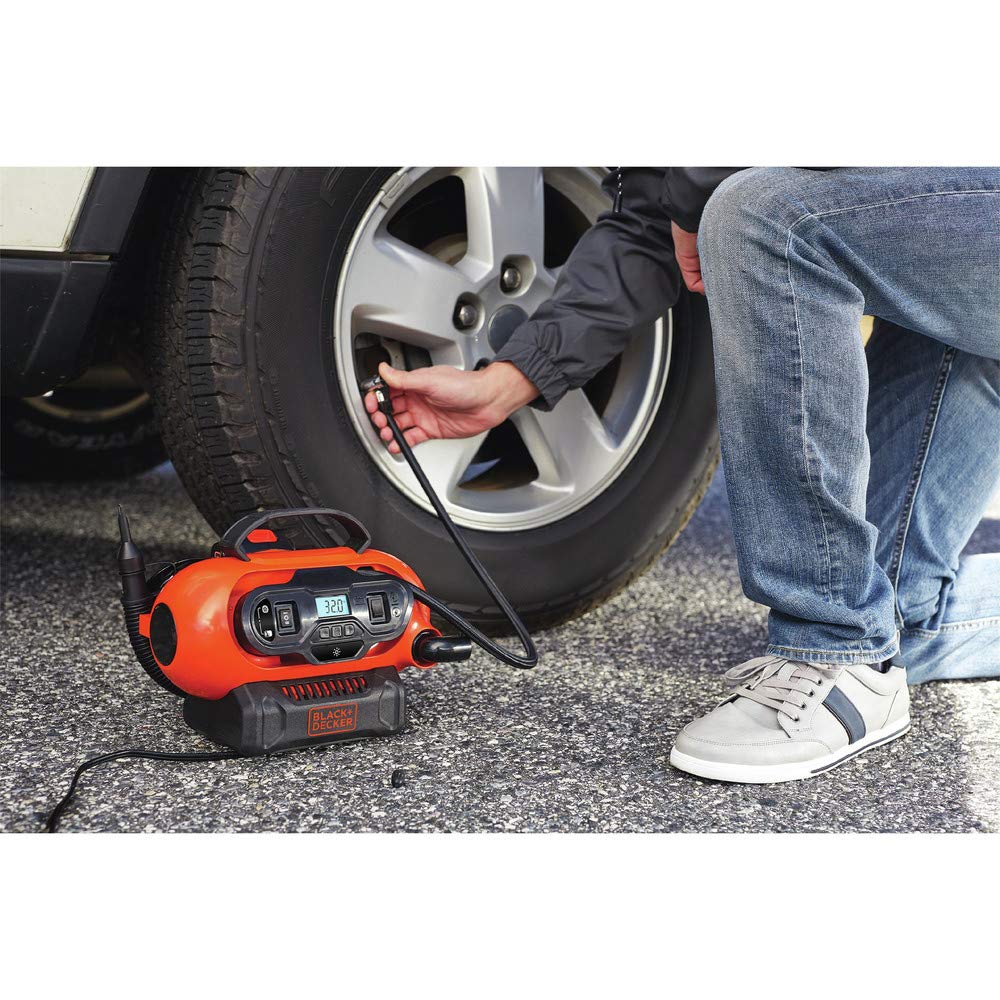 BLACK+DECKER plugged into 12V car outlet for roadside tire inflation convenience