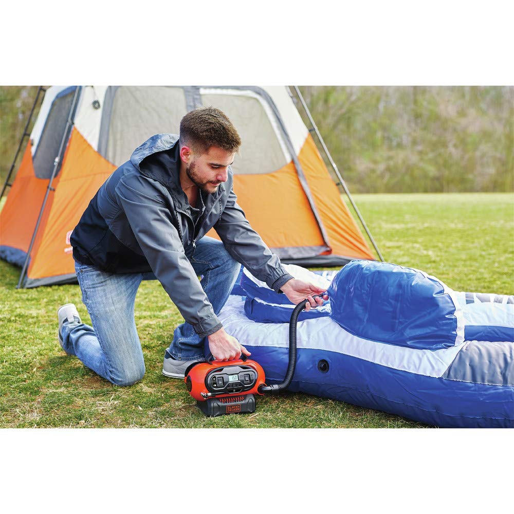 BLACK+DECKER connected to 120V wall outlet for fast home inflation tasks