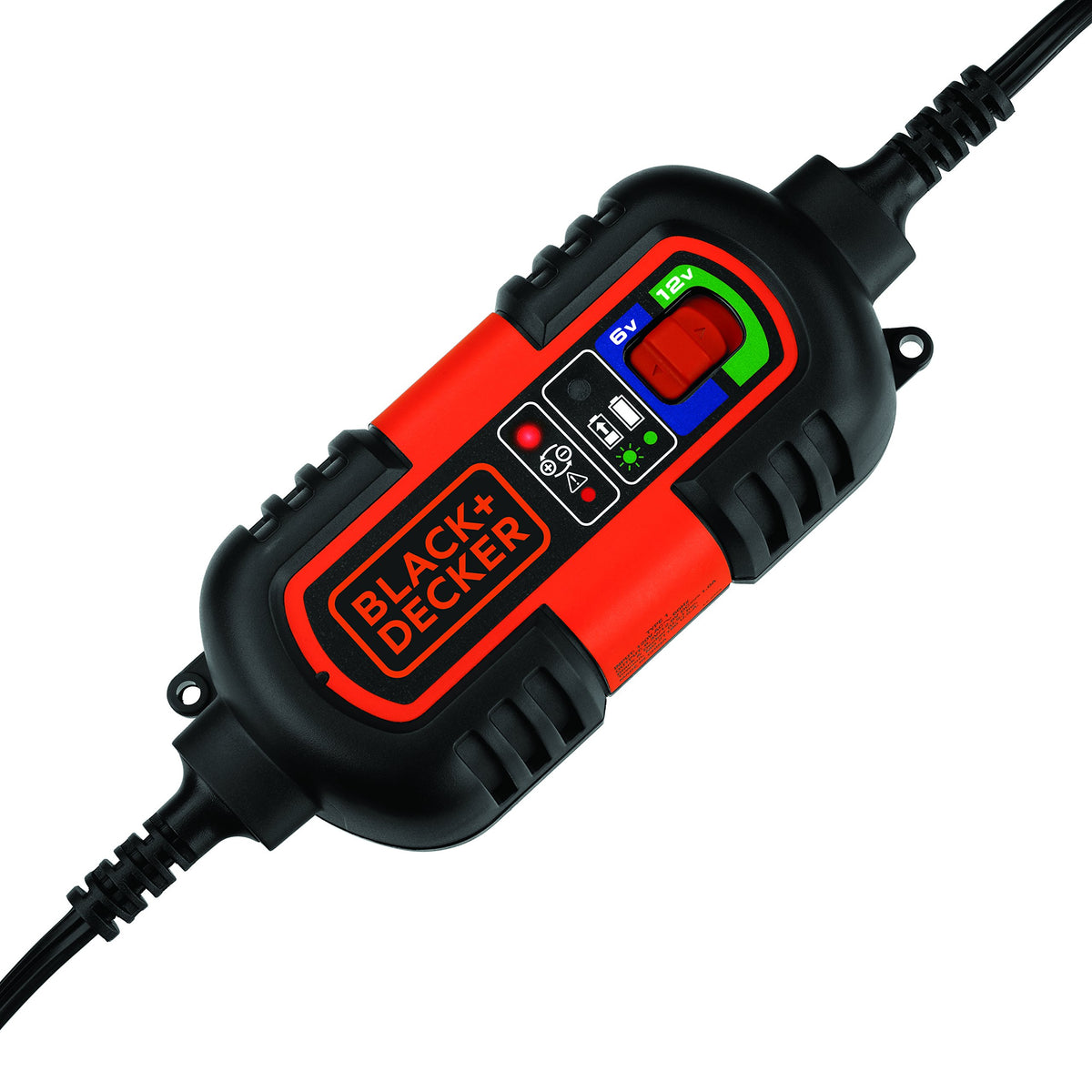 BLACK+DECKER BM3B front view showing compact charger and indicator lights, reliable storage benefit