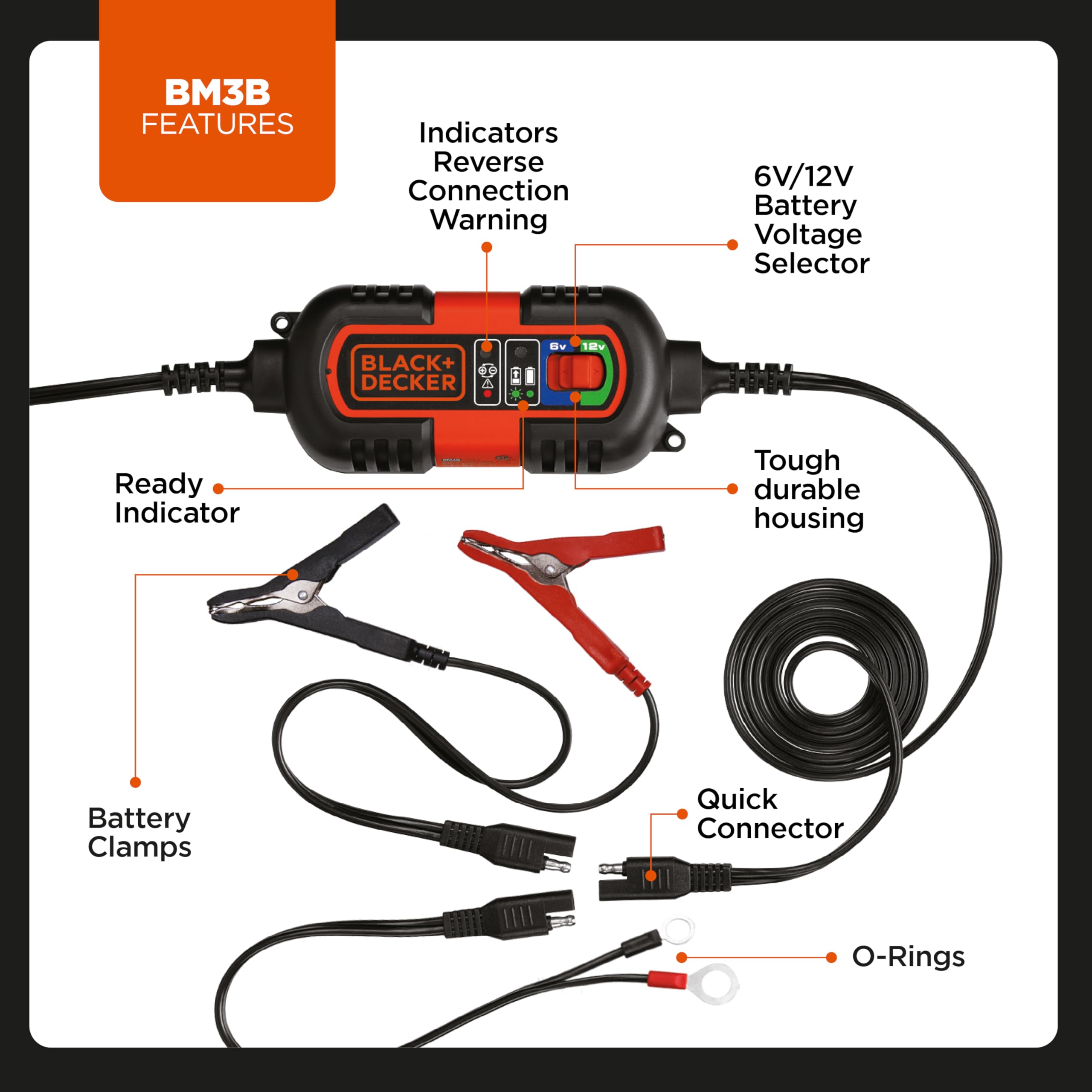 BLACK+DECKER BM3B O-ring terminals close-up for secure permanent battery connection and durability