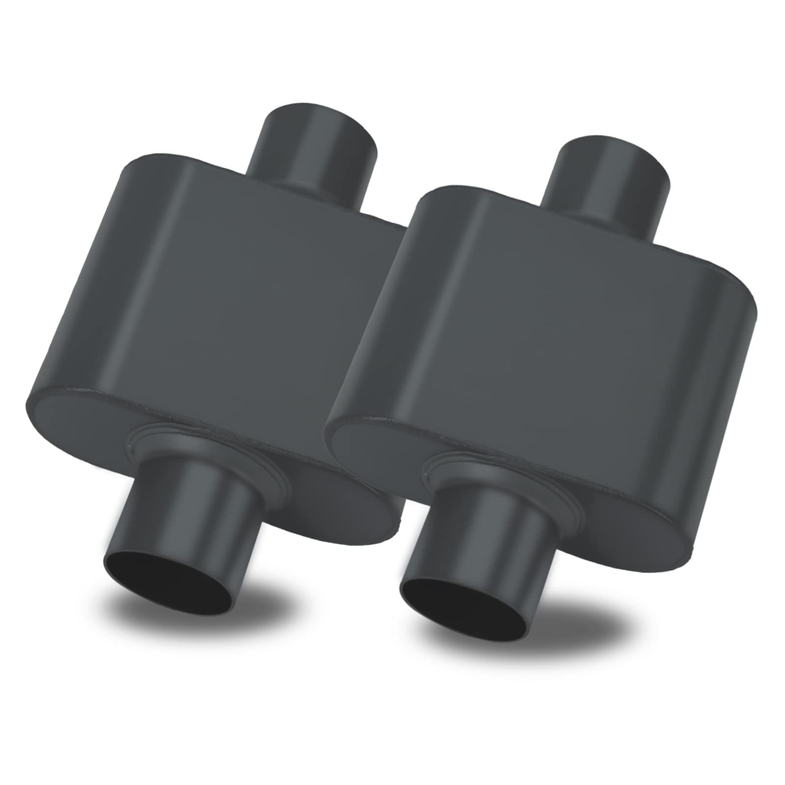 BLACKHORSE-RACING front view of muffler pair showing compact performance design