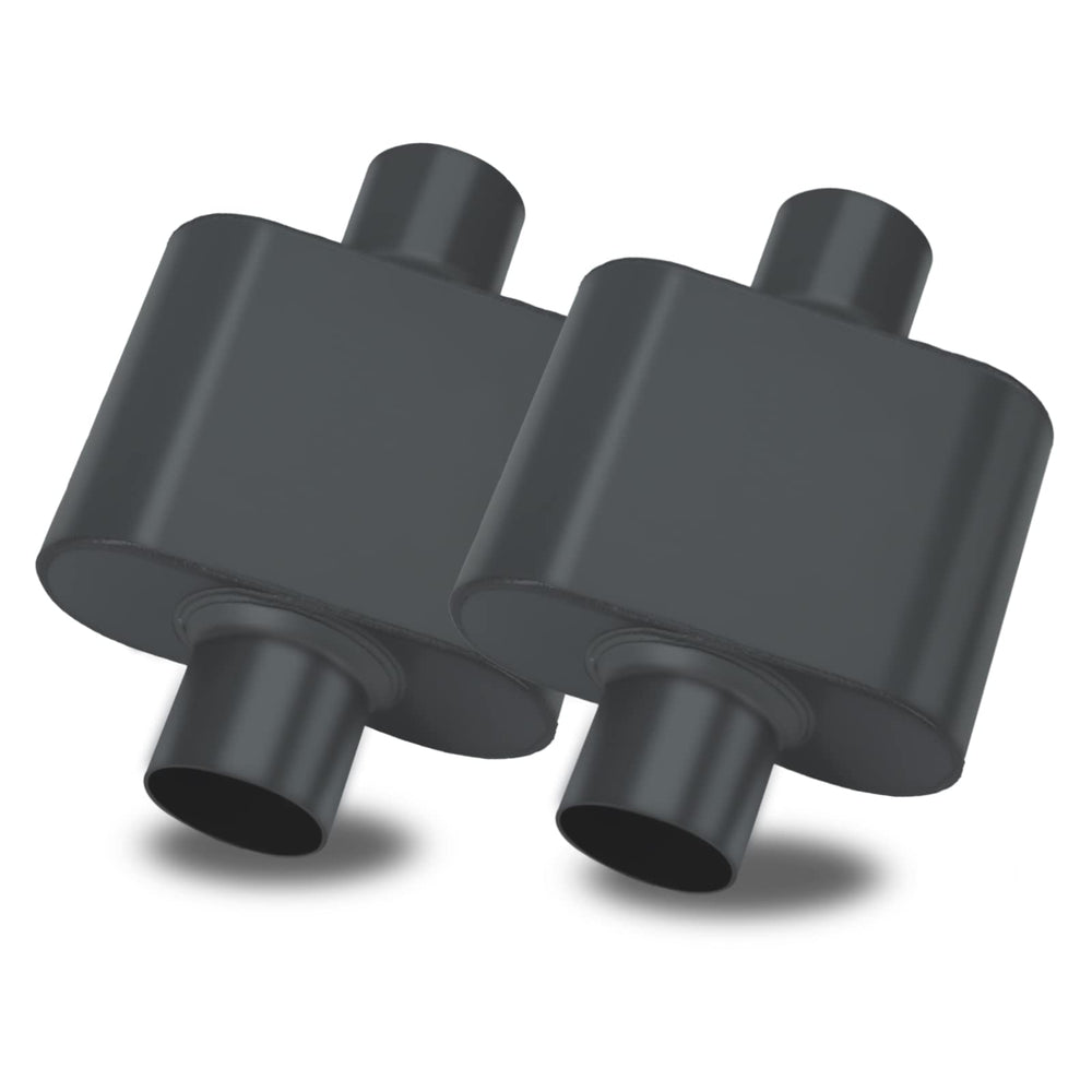BLACKHORSE-RACING front view of muffler pair showing compact performance design