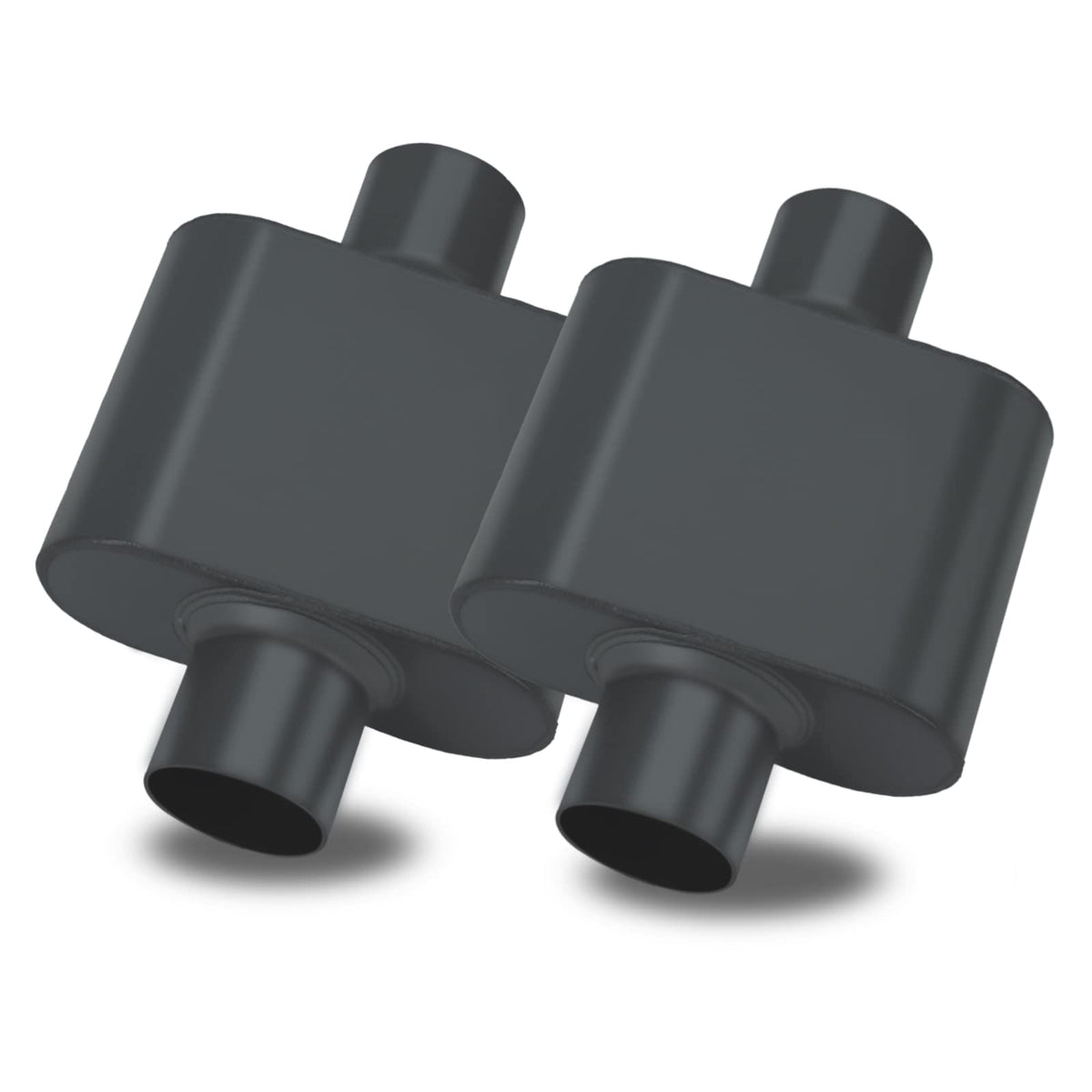 BLACKHORSE-RACING front view of muffler pair showing compact performance design