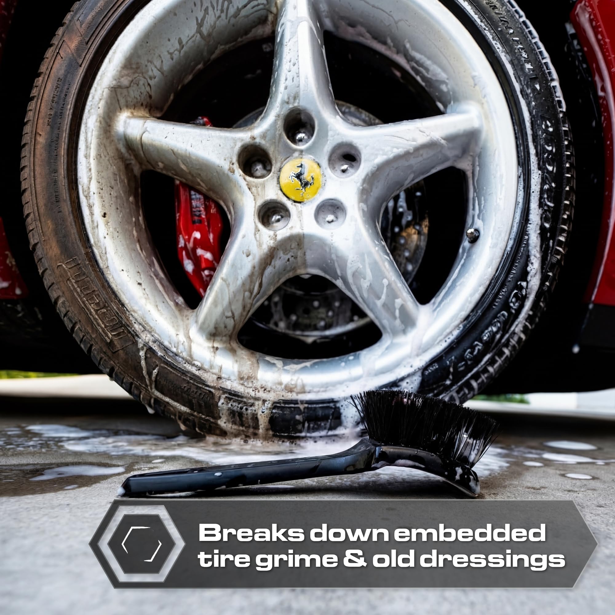 Blackline brush scrubbing a tire showing removal of grime benefit