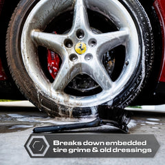 Blackline brush scrubbing a tire showing removal of grime benefit