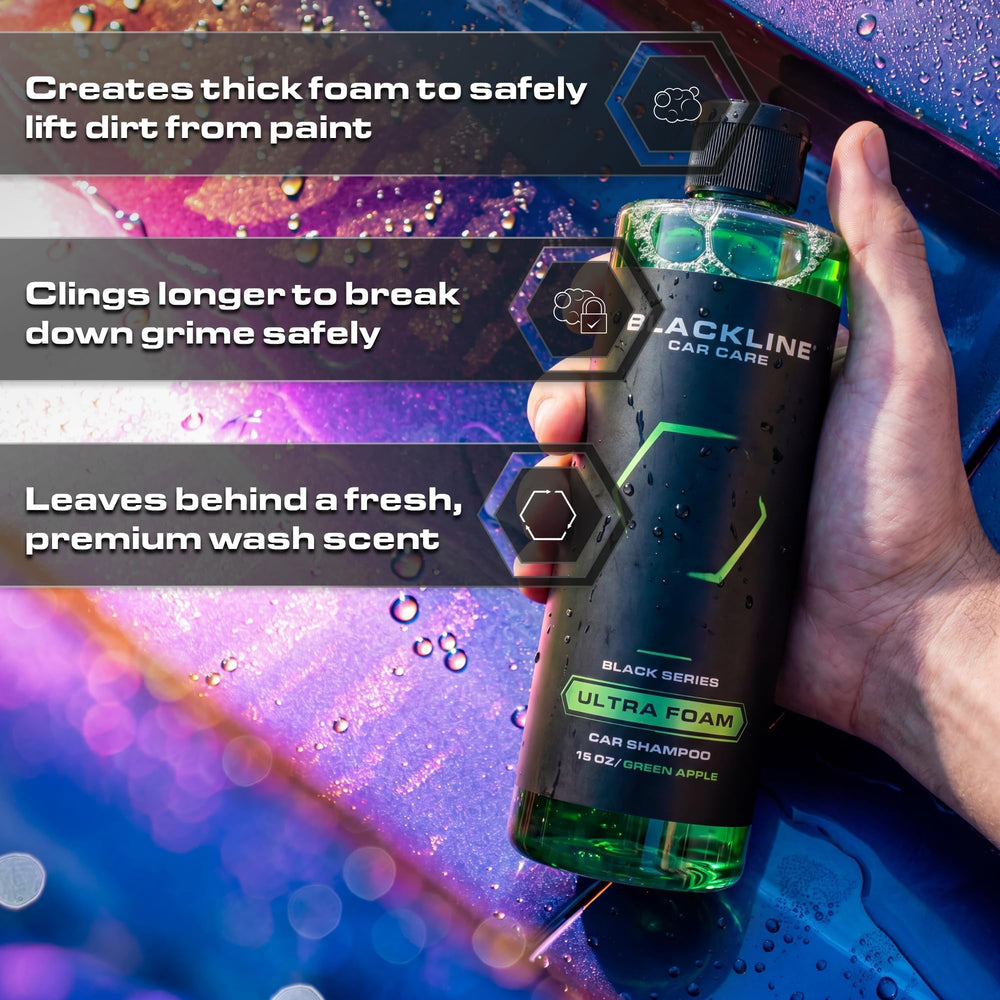 Blackline foam lather on hood lifting dirt for gentler cleaning