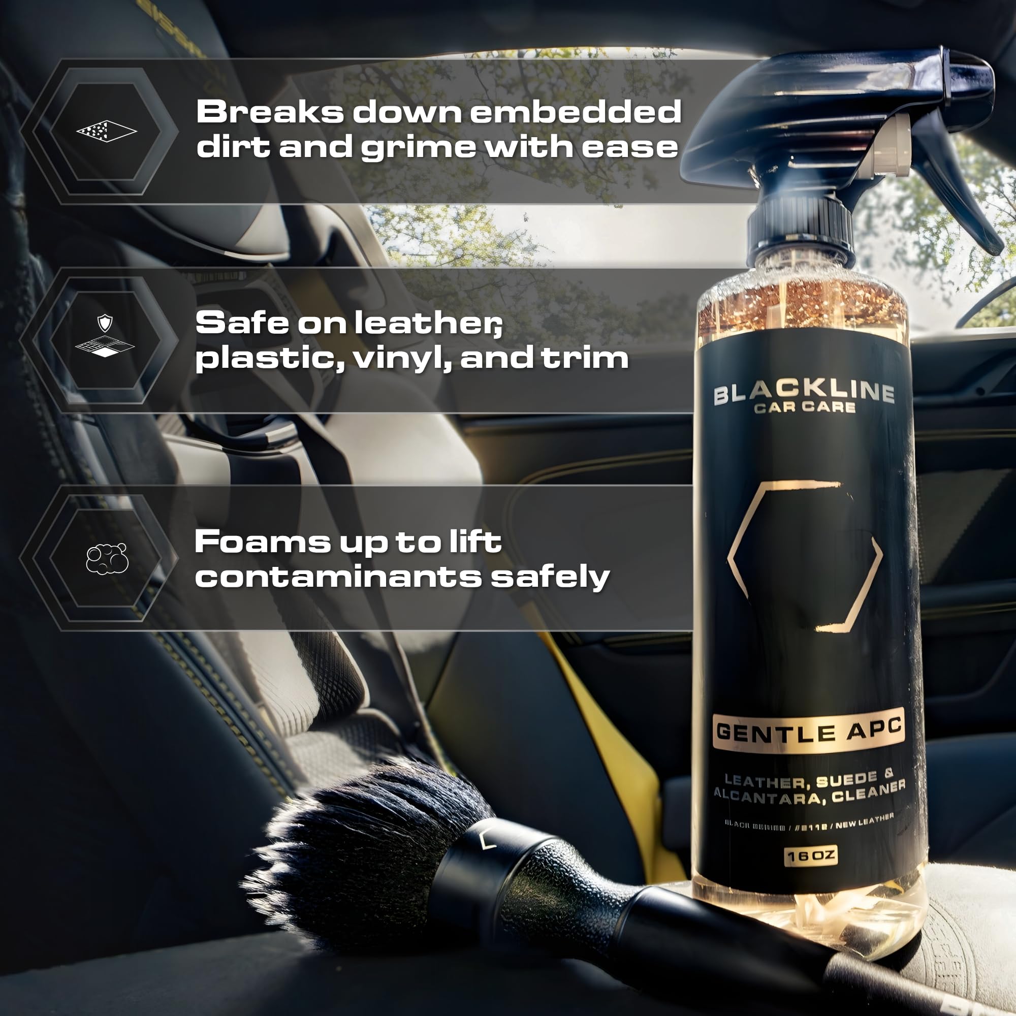 Blackline Gentle APC cleaning leather seat in use, preserving texture benefit