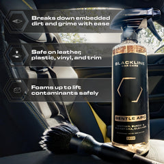Blackline Gentle APC cleaning leather seat in use, preserving texture benefit