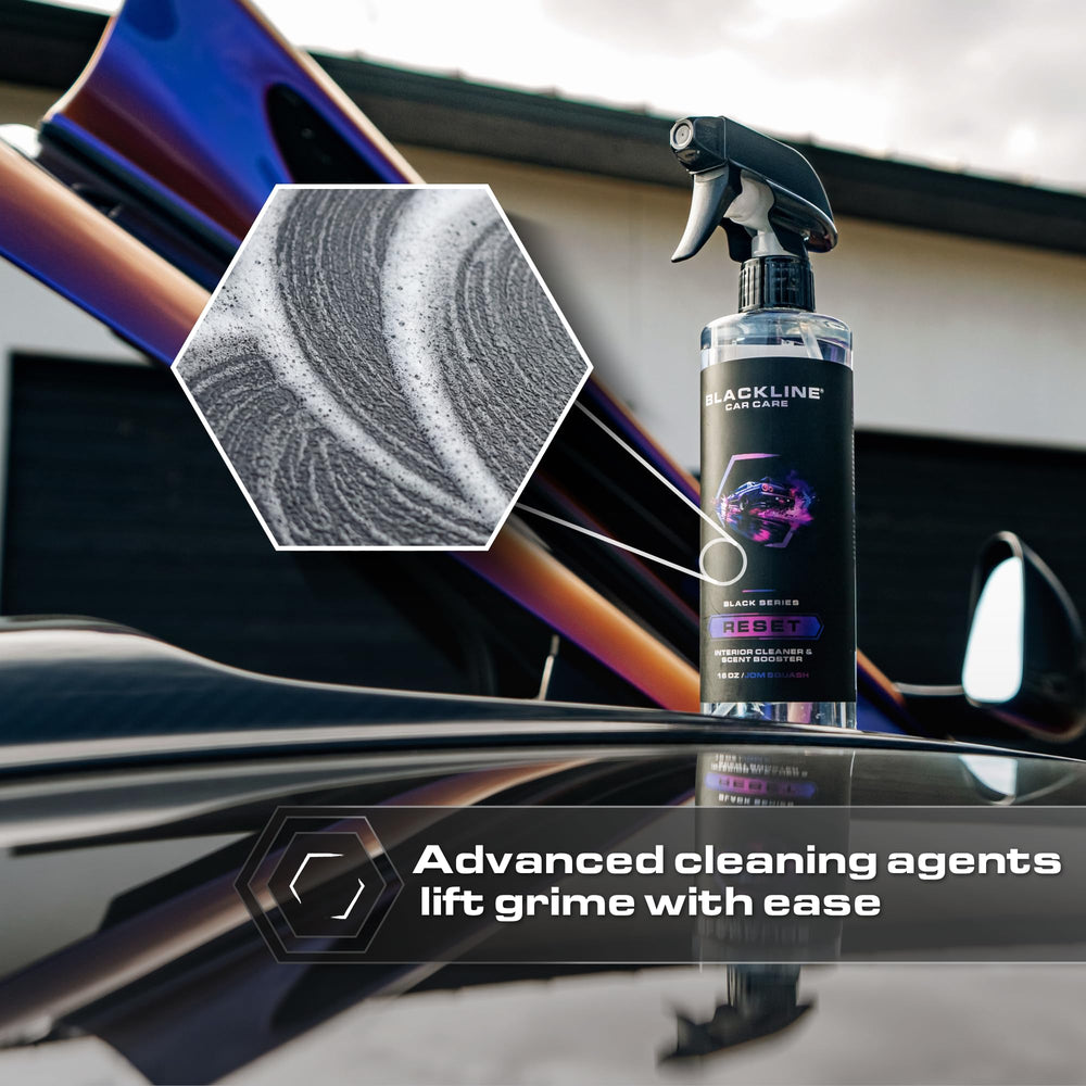 Blackline Reset applied to leather seat showing gentle cleaning benefit