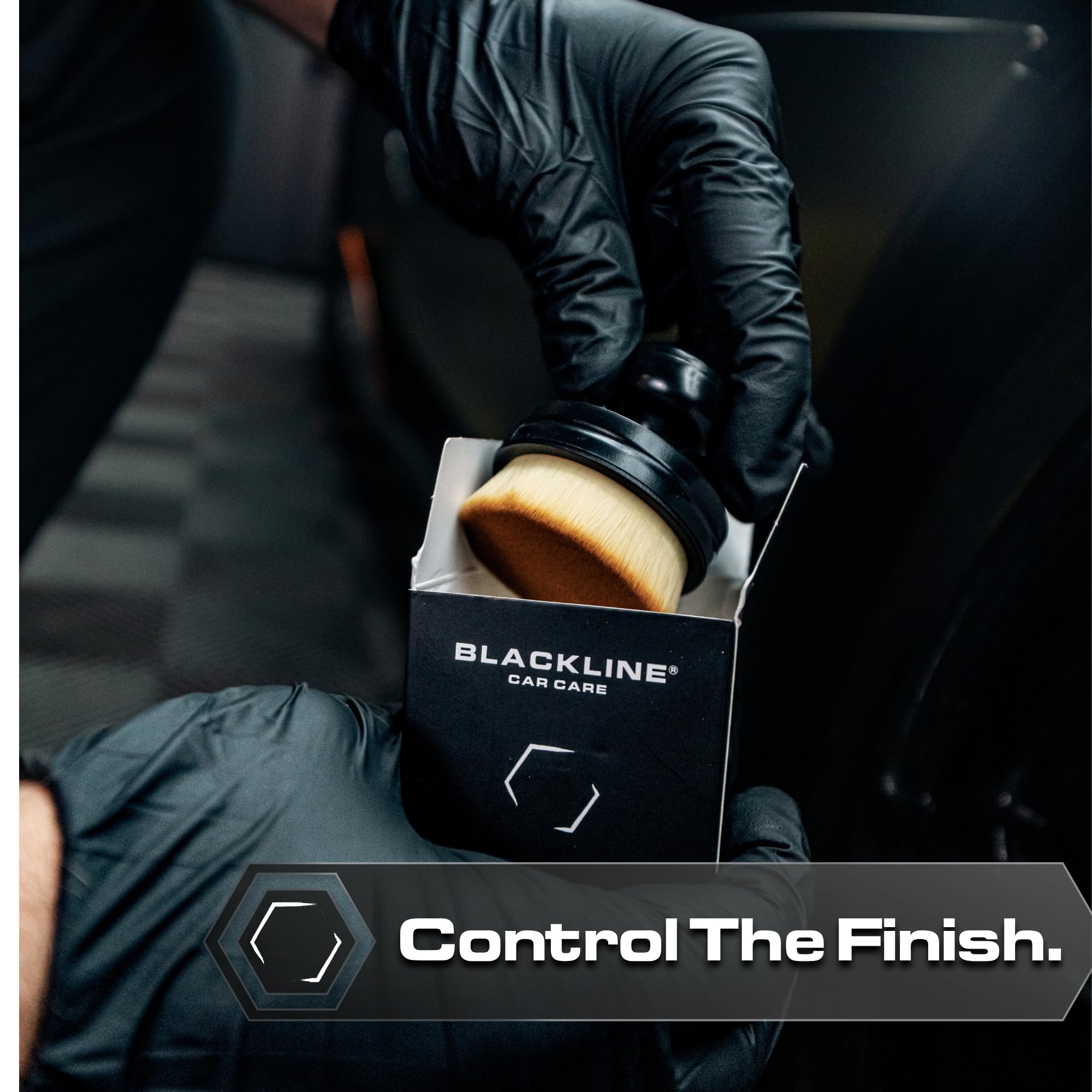 Blackline brush applying tire dressing for precise, splatter-free coverage