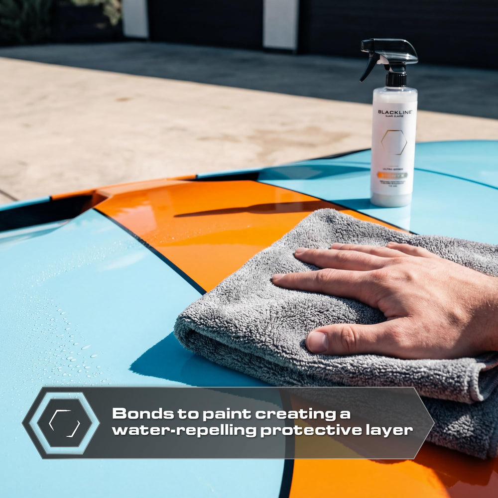 Blackline Vionyx water beading on hood demonstrating strong hydrophobic protection