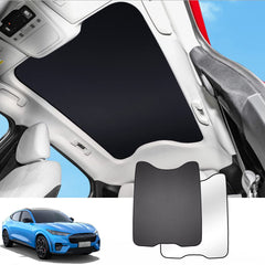Blazeray sunshade installed on Mach‑E roof showing full coverage and cooler cabin