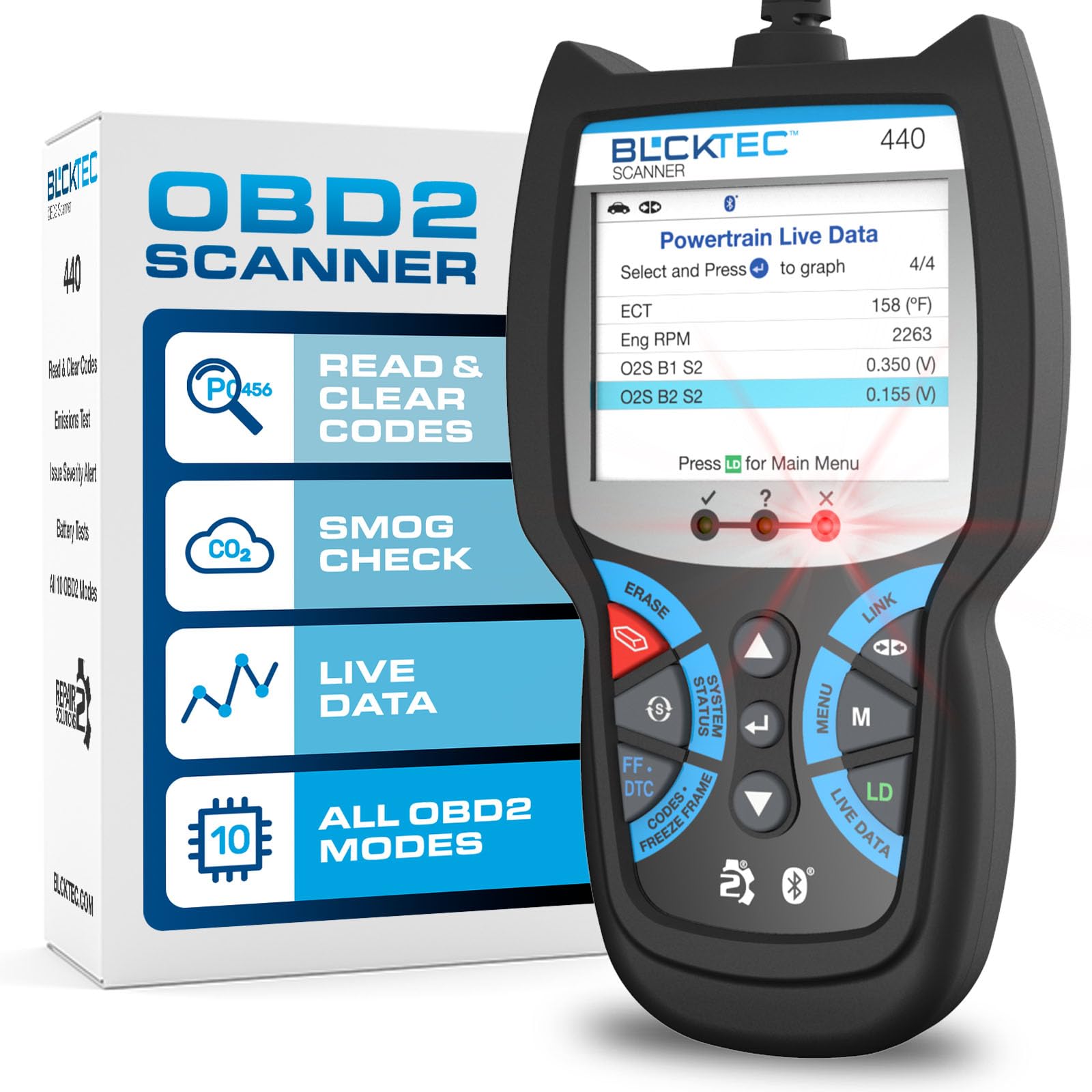 BLCKTEC 440 front view showing device and color screen for quick diagnostics