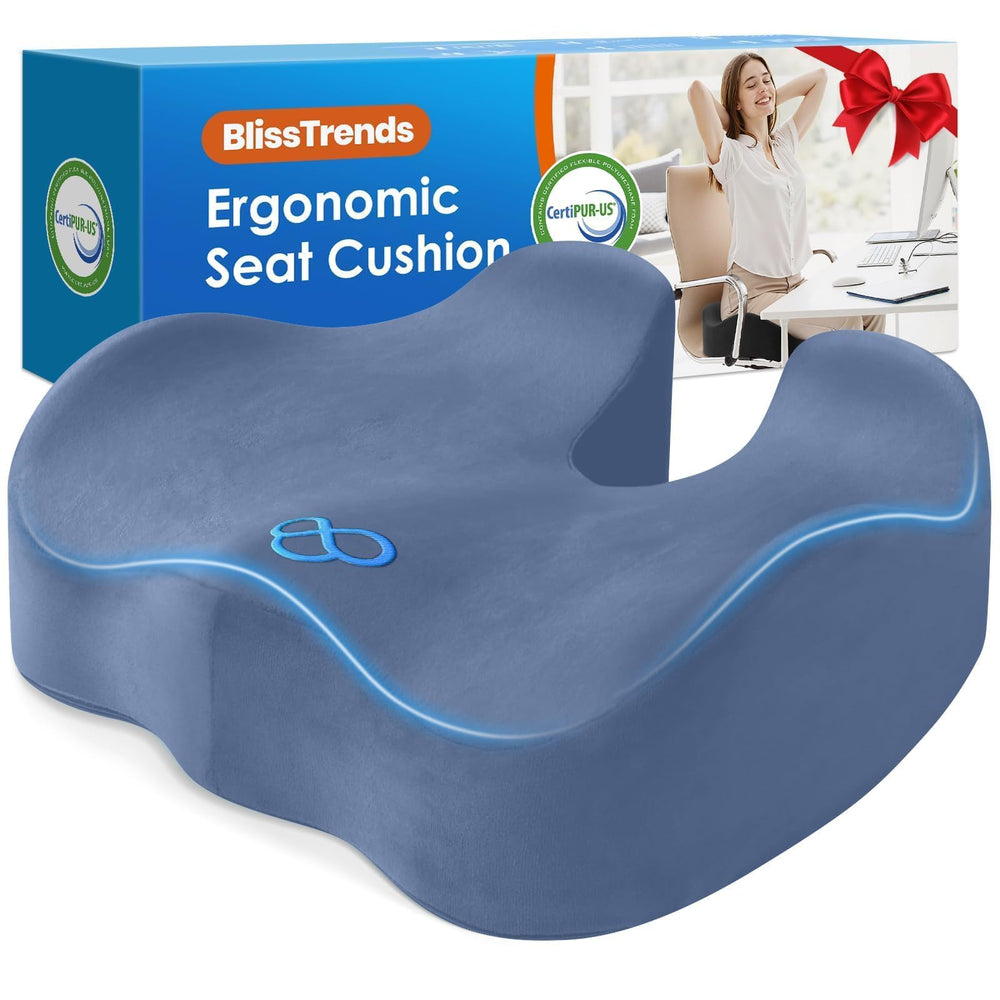 BlissTrends cushion front view showing light blue cover and embroidered detail for stylish comfort