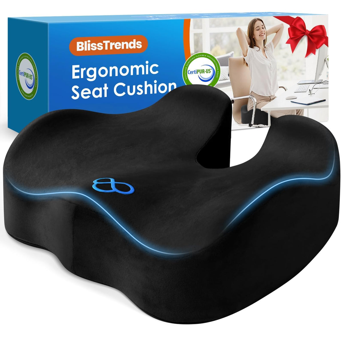 BlissTrends front view of cushion showing ergonomic shape and comfort
